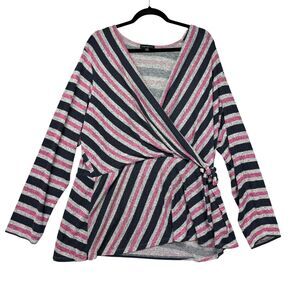 Lane Bryant Top Womens 26/28 Pink Black Striped Faux Wrap Knit Long Sleeve Comfy